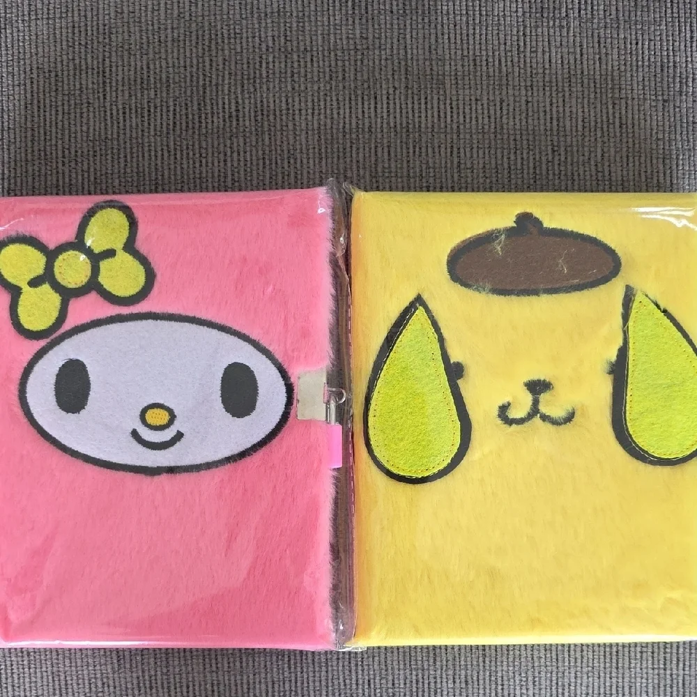 My Melody And Pompompurin Set Of Fuzzy Diaries, 64 Pages Each, New.